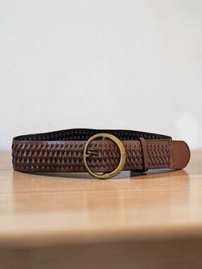Candie's Brown Bonded Leather Basket Weave Belt Antique Brass Buckle NWT Size L